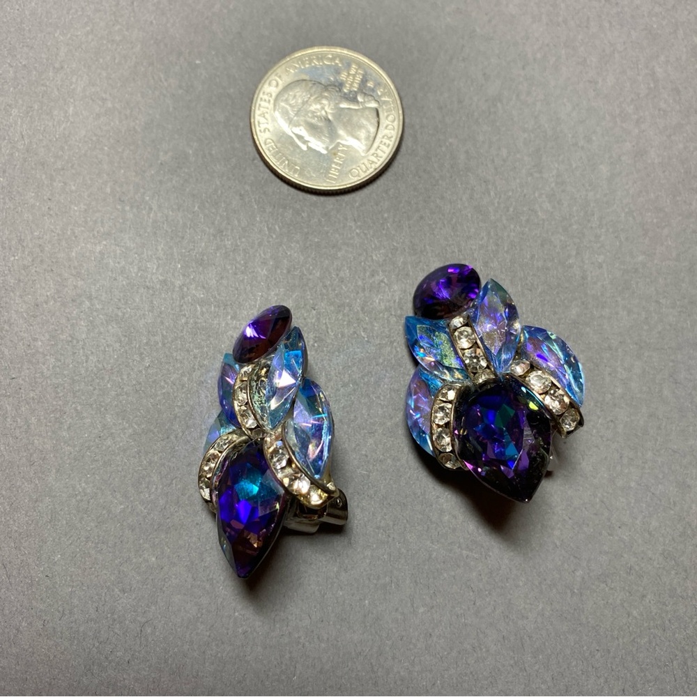 Vintage Nelly purple blue rhinestone statement earrings - Picture 2 of 5